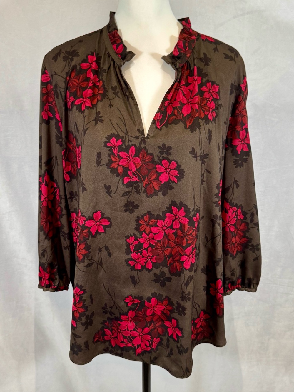Ann Taylor long sleeve brown and pink floral blouse top size XL